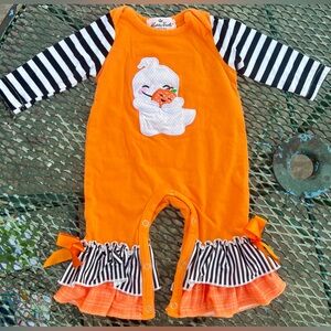 Marie Nicole Ghost Halloween Romper 3-6 month orange black white stripe ruffle